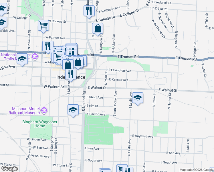 map of restaurants, bars, coffee shops, grocery stores, and more near 402 East Walnut Street in Independence