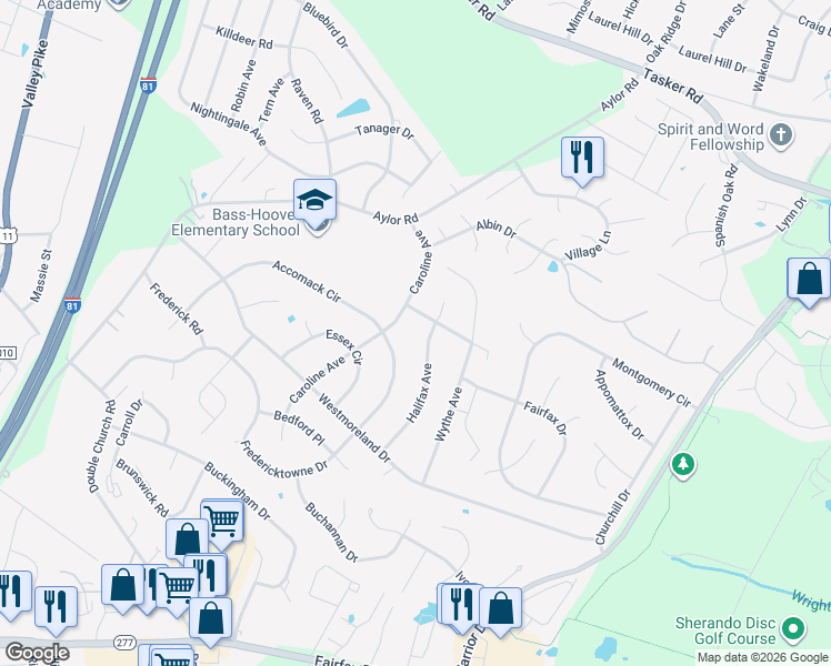 map of restaurants, bars, coffee shops, grocery stores, and more near 127 Halifax Avenue in Stephens City