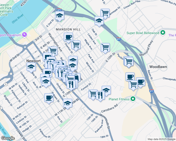 map of restaurants, bars, coffee shops, grocery stores, and more near 917 Boone Street in Newport