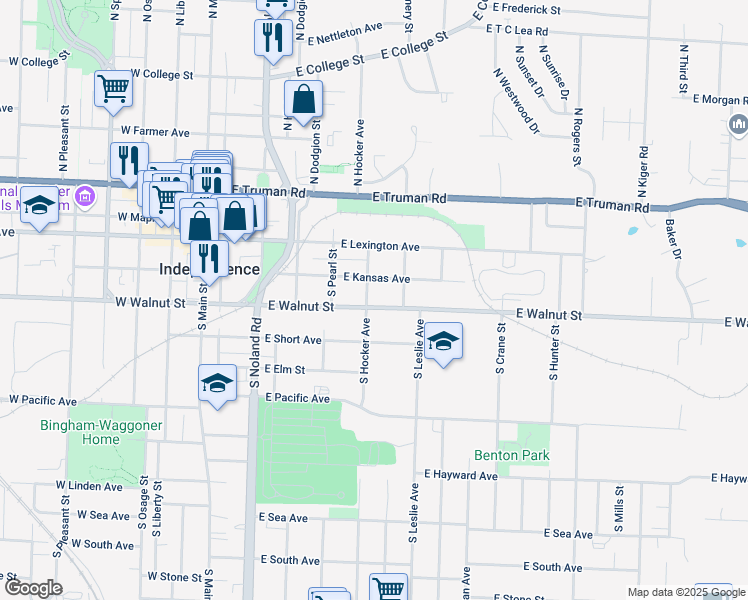 map of restaurants, bars, coffee shops, grocery stores, and more near 506 East Walnut Street in Independence