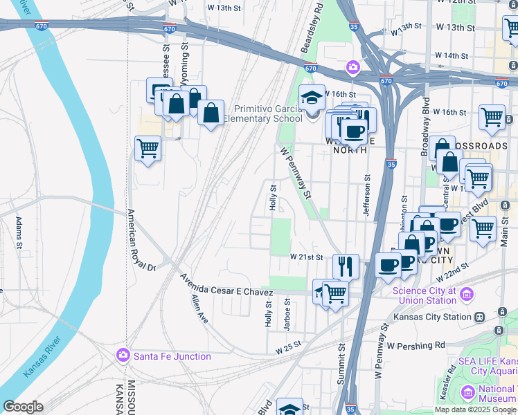 map of restaurants, bars, coffee shops, grocery stores, and more near 1837 Mercier Street in Kansas City
