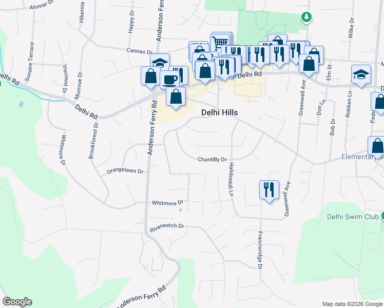 map of restaurants, bars, coffee shops, grocery stores, and more near 5140 Chantilly Drive in Cincinnati