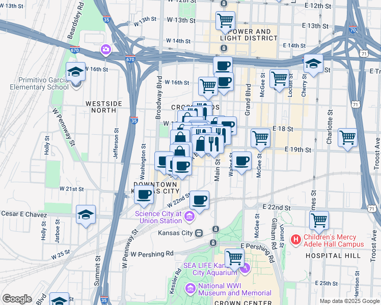 map of restaurants, bars, coffee shops, grocery stores, and more near 201 West 19 Terrace in Kansas City