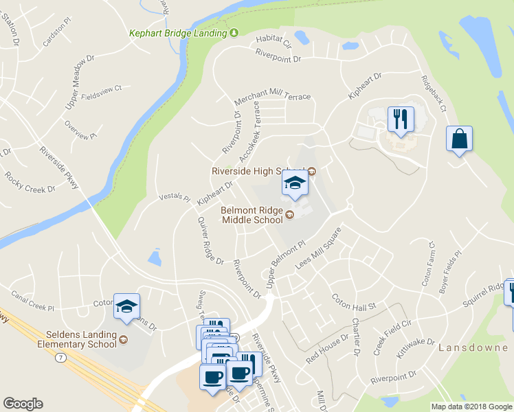 map of restaurants, bars, coffee shops, grocery stores, and more near 19008 Coreopsis Terrace in Leesburg