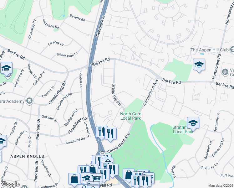 map of restaurants, bars, coffee shops, grocery stores, and more near 14213 Grand Pre Road in Aspen Hill