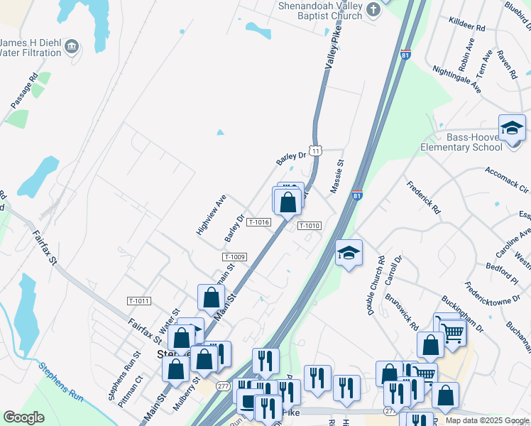 map of restaurants, bars, coffee shops, grocery stores, and more near 5117 Main Street in Stephens City