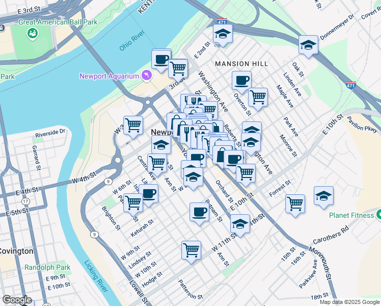 map of restaurants, bars, coffee shops, grocery stores, and more near 633 York Street in Newport