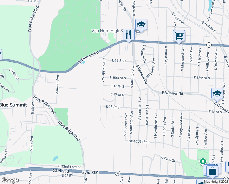 map of restaurants, bars, coffee shops, grocery stores, and more near 9330 East 17 Street South in Independence