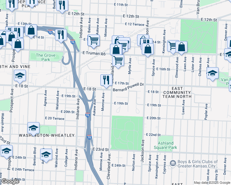 map of restaurants, bars, coffee shops, grocery stores, and more near 3805 Bernard Powell Drive in Kansas City