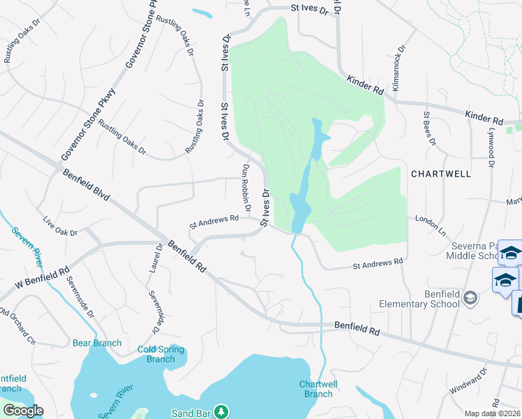 map of restaurants, bars, coffee shops, grocery stores, and more near 102 Saint Ives Drive in Severna Park