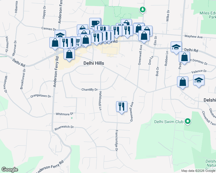 map of restaurants, bars, coffee shops, grocery stores, and more near 5044 Chantilly Drive in Cincinnati