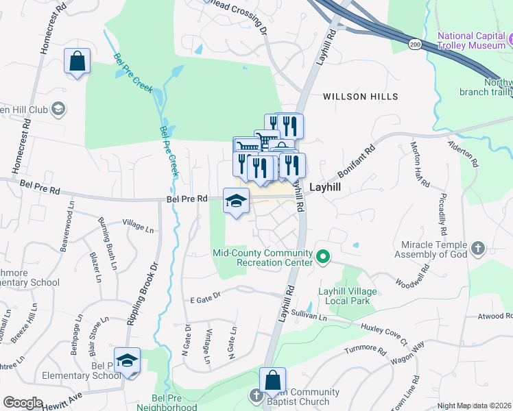 map of restaurants, bars, coffee shops, grocery stores, and more near 2220 Mears Lane in Silver Spring