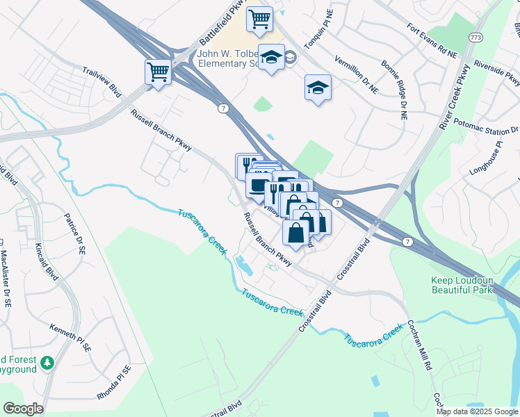map of restaurants, bars, coffee shops, grocery stores, and more near 1601 Village Market Boulevard Southeast in Leesburg