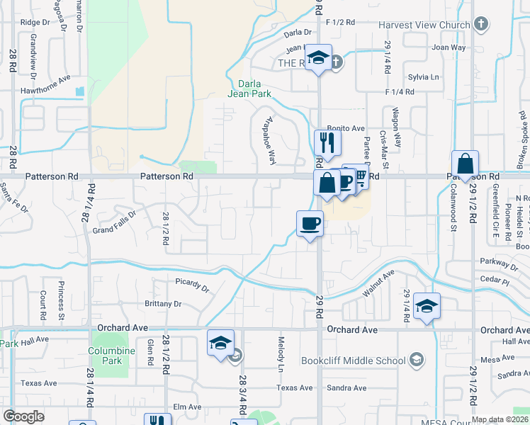 map of restaurants, bars, coffee shops, grocery stores, and more near 590 West Indian Creek Drive in Grand Junction
