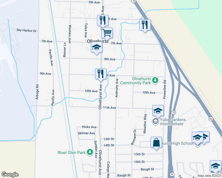 map of restaurants, bars, coffee shops, grocery stores, and more near 4691 Olivehurst Avenue in Olivehurst