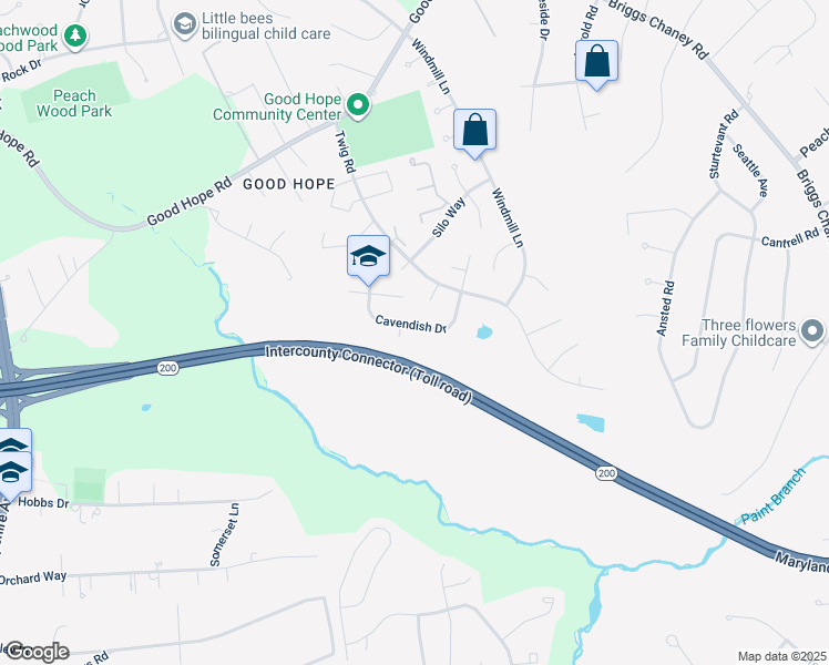 map of restaurants, bars, coffee shops, grocery stores, and more near 1305 Cavendish Drive in Silver Spring