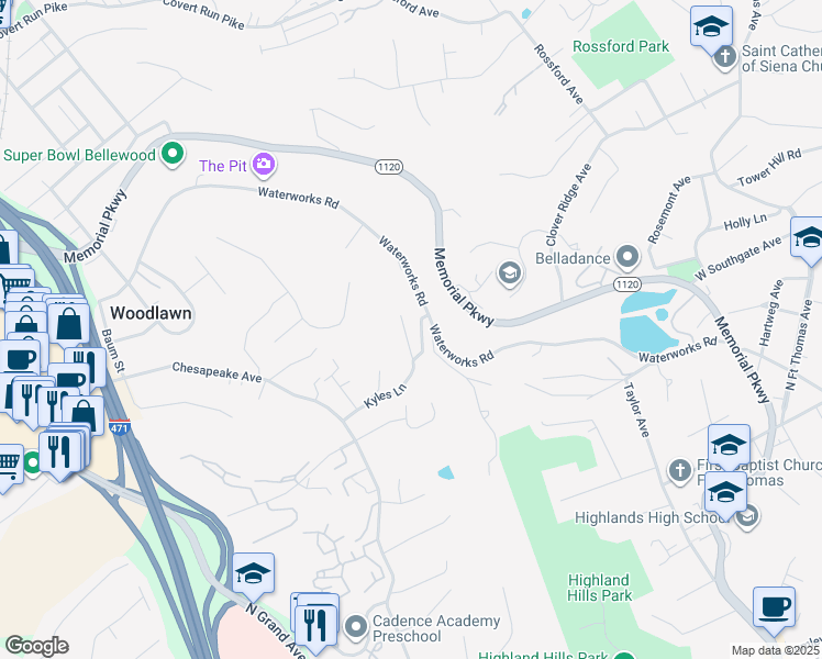 map of restaurants, bars, coffee shops, grocery stores, and more near 500 London Acres Drive in Fort Thomas