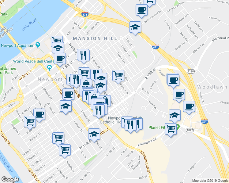 map of restaurants, bars, coffee shops, grocery stores, and more near 917 Boone Street in Newport