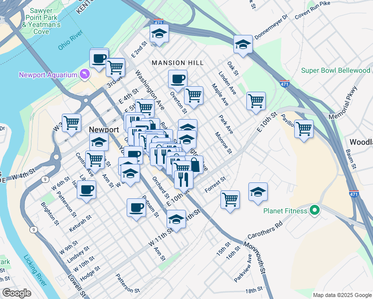 map of restaurants, bars, coffee shops, grocery stores, and more near 825 Roberts Street in Newport