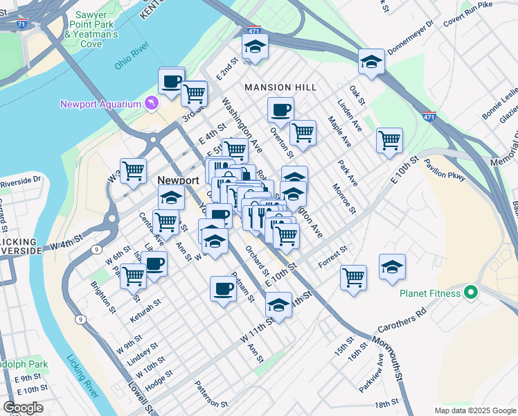 map of restaurants, bars, coffee shops, grocery stores, and more near 802 Saratoga Street in Newport