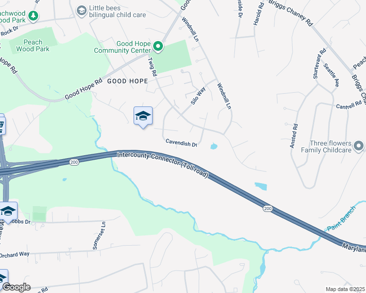 map of restaurants, bars, coffee shops, grocery stores, and more near 1305 Cavendish Drive in Silver Spring