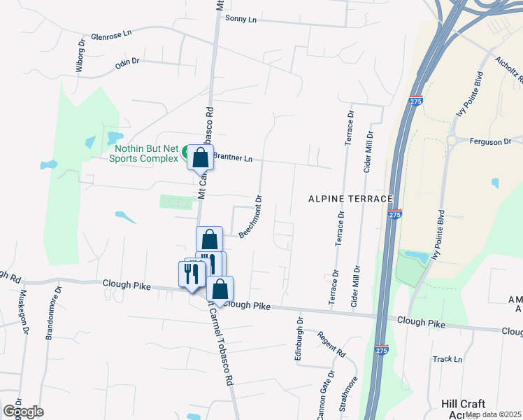 map of restaurants, bars, coffee shops, grocery stores, and more near 4312 Beechmont Drive in Cincinnati