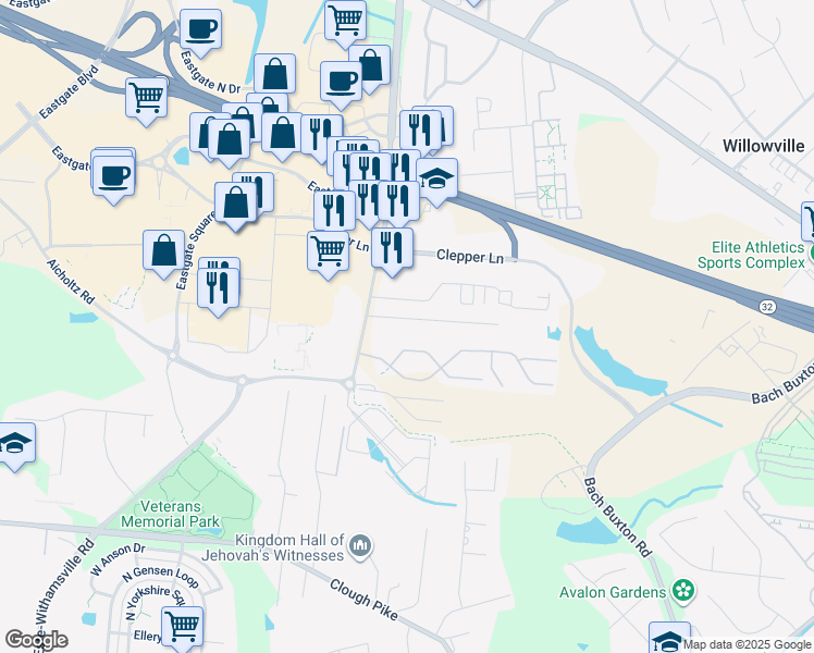 map of restaurants, bars, coffee shops, grocery stores, and more near 975 Burgoyne Drive in Cincinnati