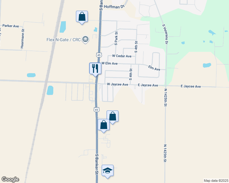 map of restaurants, bars, coffee shops, grocery stores, and more near 92 Easy Breeze Trailer Park in Effingham