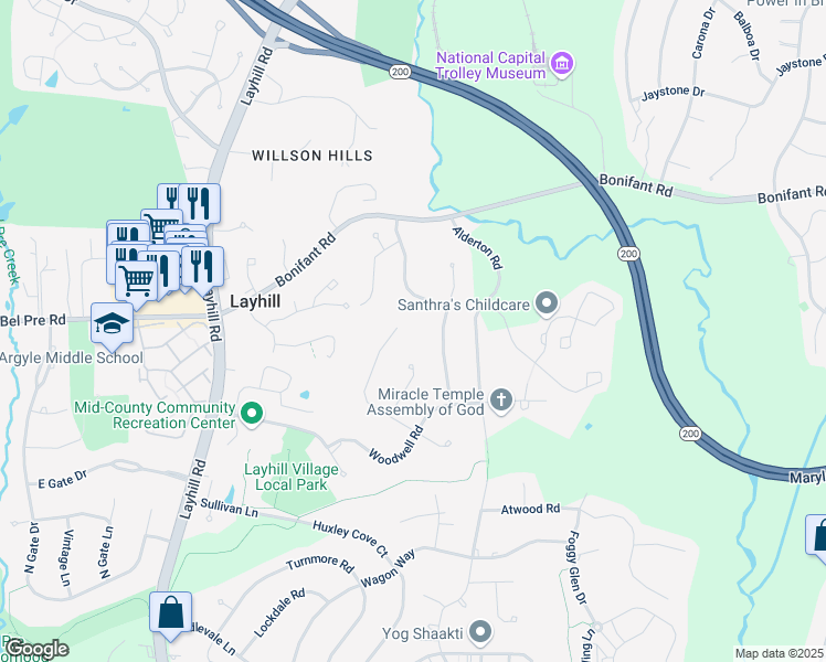 map of restaurants, bars, coffee shops, grocery stores, and more near 14229 Woodwell Terrace in Silver Spring