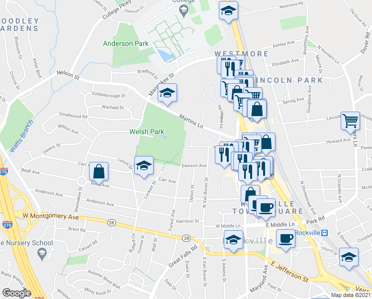 map of restaurants, bars, coffee shops, grocery stores, and more near 120 North Street in Rockville