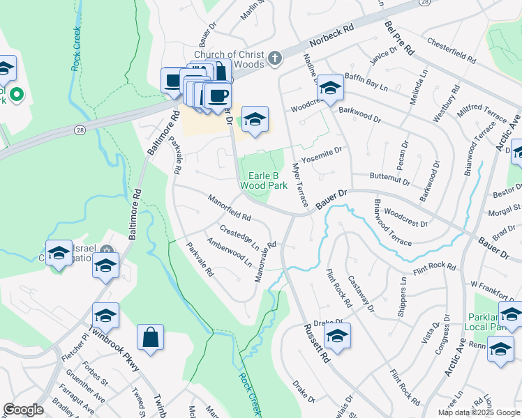 map of restaurants, bars, coffee shops, grocery stores, and more near 14520 Bauer Drive in Rockville