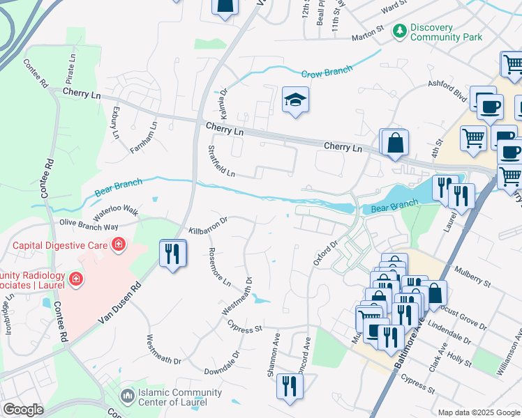 map of restaurants, bars, coffee shops, grocery stores, and more near 14505 Antrim Court in Laurel