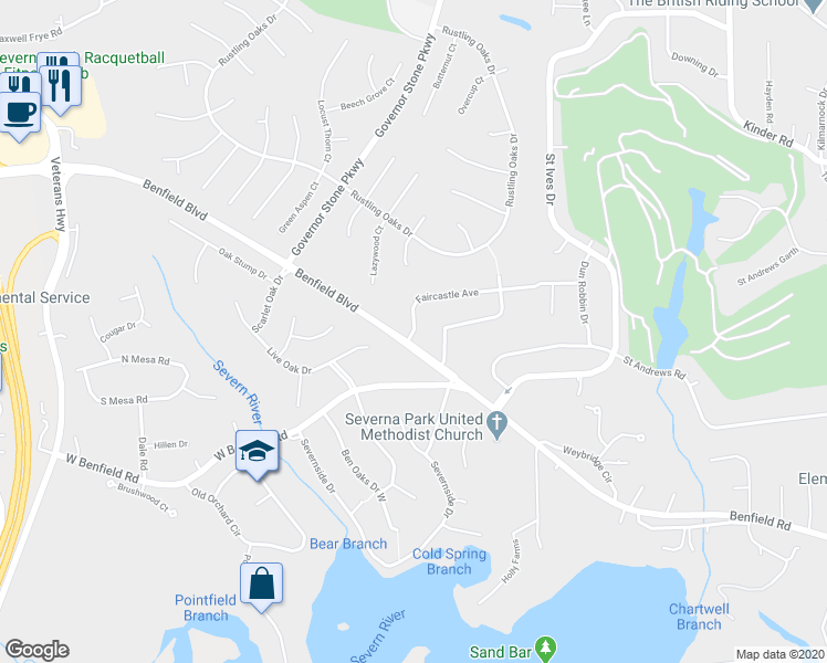 map of restaurants, bars, coffee shops, grocery stores, and more near 729 Faircastle Avenue in Severna Park
