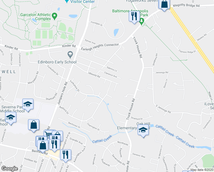 map of restaurants, bars, coffee shops, grocery stores, and more near 430 North Retford Drive in Severna Park