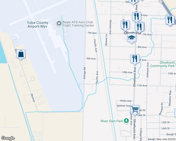 map of restaurants, bars, coffee shops, grocery stores, and more near 4688 Pacific Avenue in Olivehurst
