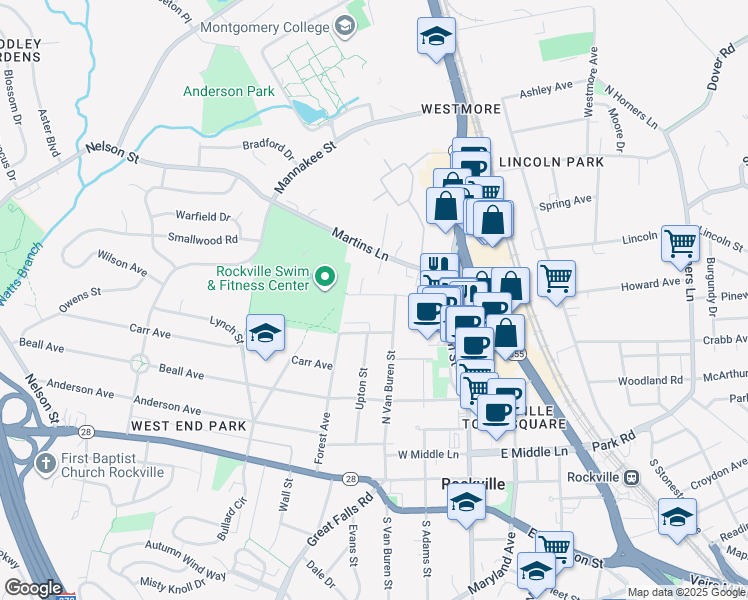 map of restaurants, bars, coffee shops, grocery stores, and more near 108 North Street in Rockville