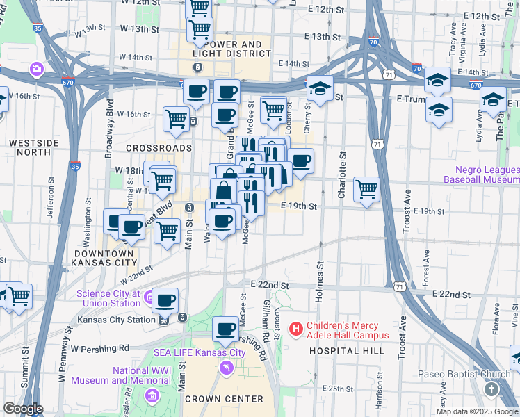 map of restaurants, bars, coffee shops, grocery stores, and more near 1900 Oak Street in Kansas City