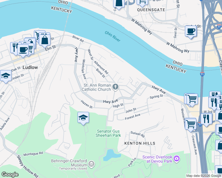 map of restaurants, bars, coffee shops, grocery stores, and more near 1265 Parkway Avenue in Covington