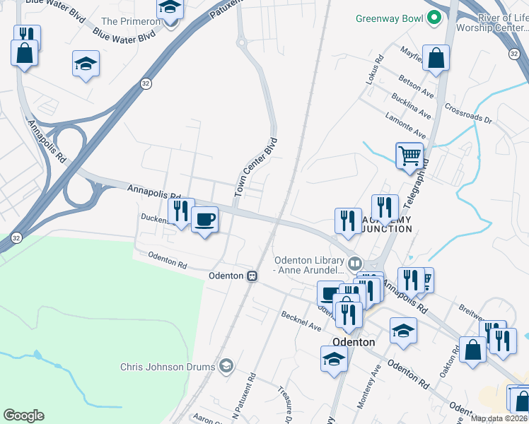 map of restaurants, bars, coffee shops, grocery stores, and more near 1400 Old Annapolis Road in Odenton