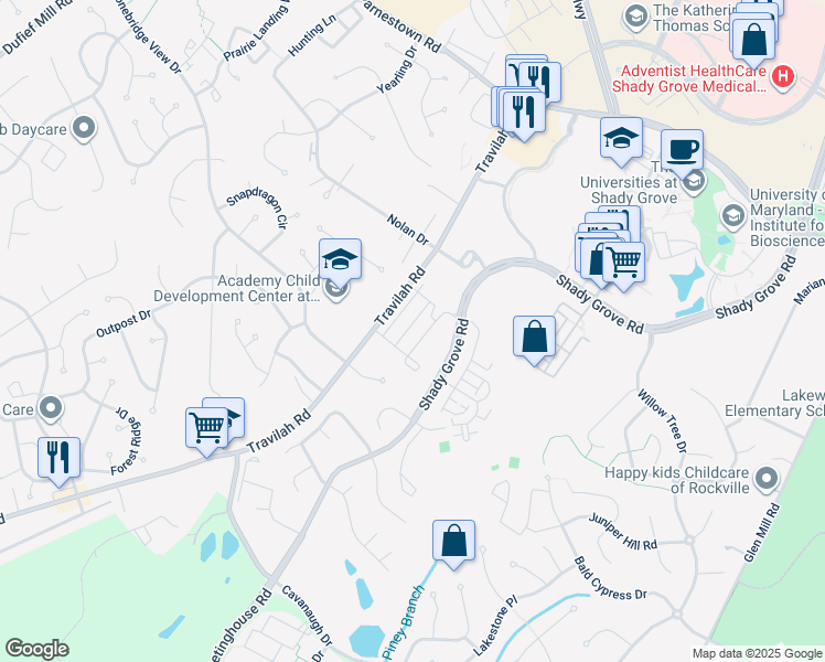 map of restaurants, bars, coffee shops, grocery stores, and more near 14317 Potomac Heights Lane in Rockville