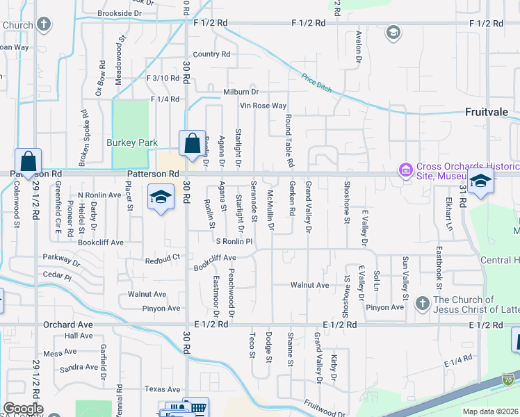 map of restaurants, bars, coffee shops, grocery stores, and more near 588 Seranade St in Grand Junction