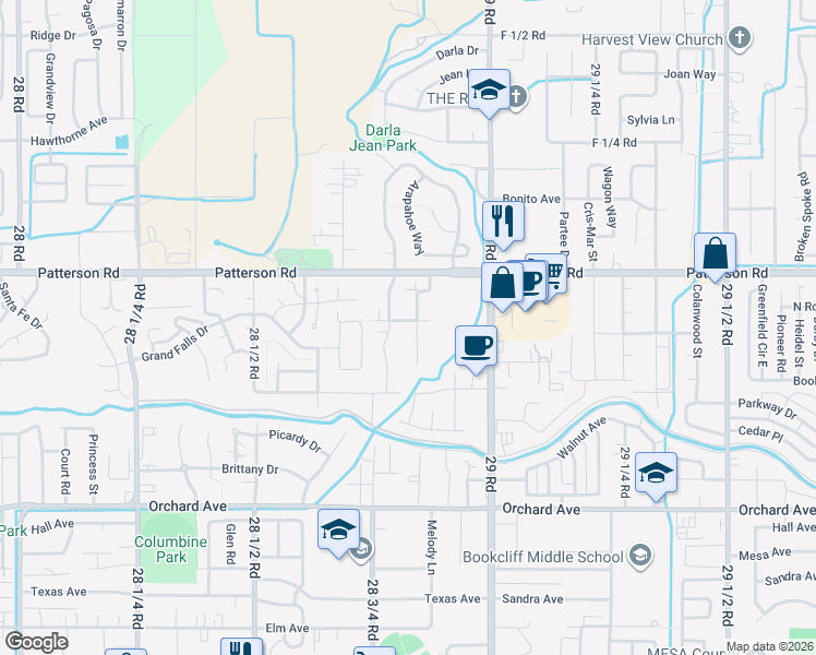map of restaurants, bars, coffee shops, grocery stores, and more near 590 West Indian Creek Drive in Grand Junction