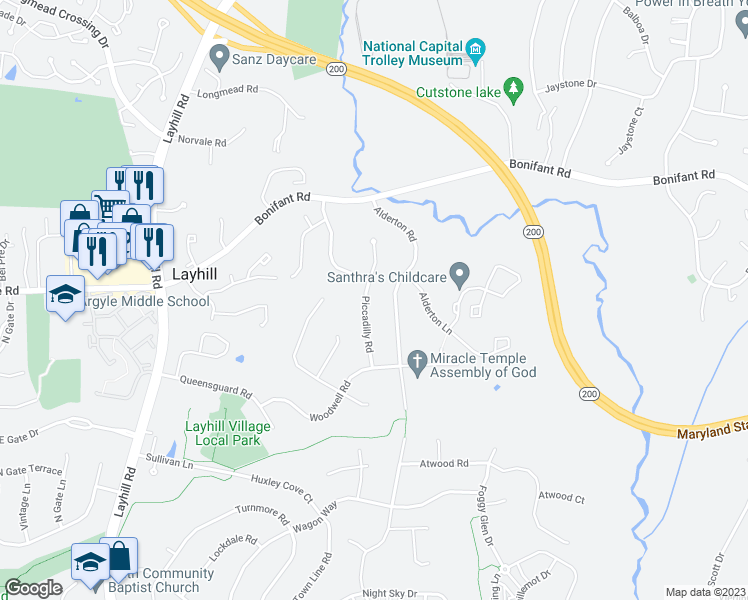 map of restaurants, bars, coffee shops, grocery stores, and more near 14229 Piccadilly Road in Silver Spring