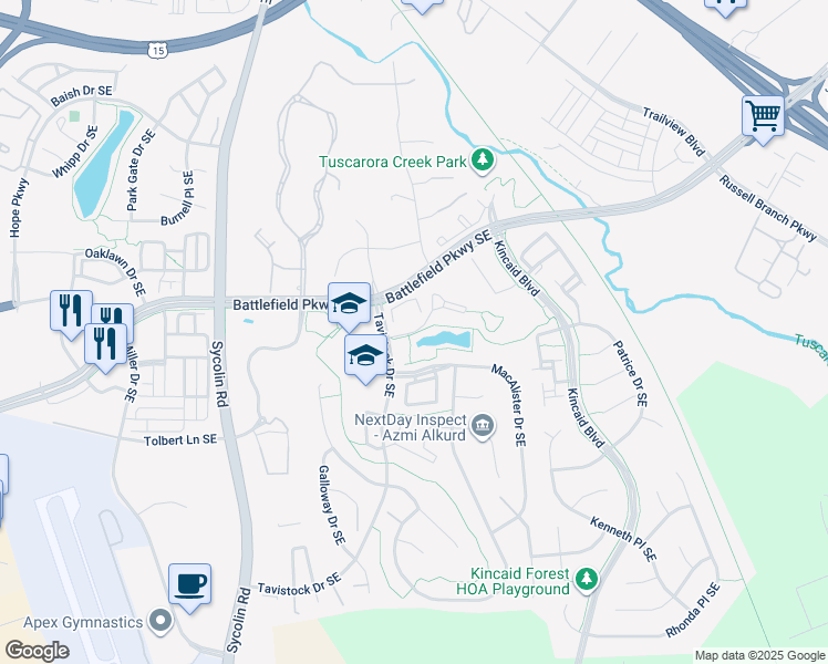 map of restaurants, bars, coffee shops, grocery stores, and more near 605 Somerset Park Drive Southeast in Leesburg