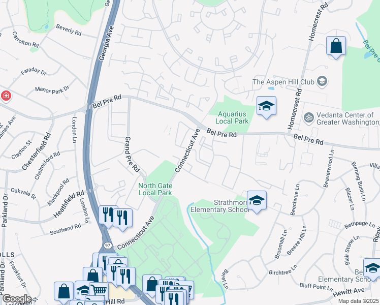 map of restaurants, bars, coffee shops, grocery stores, and more near 14301 Connecticut Avenue in Silver Spring