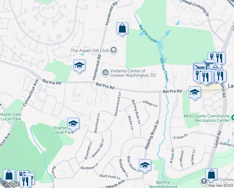 map of restaurants, bars, coffee shops, grocery stores, and more near 2905 Beaverwood Lane in Silver Spring