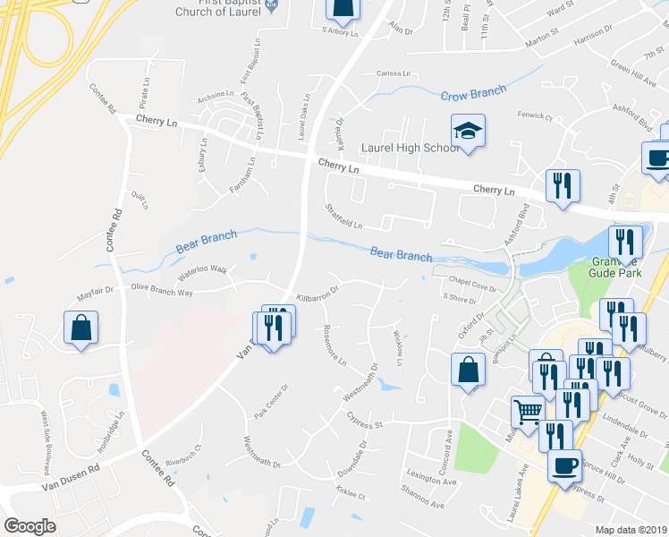 map of restaurants, bars, coffee shops, grocery stores, and more near 14505 Edenmore Court in Laurel