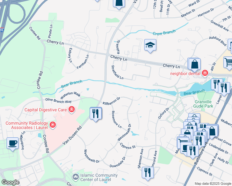 map of restaurants, bars, coffee shops, grocery stores, and more near 14505 Edenmore Court in Laurel