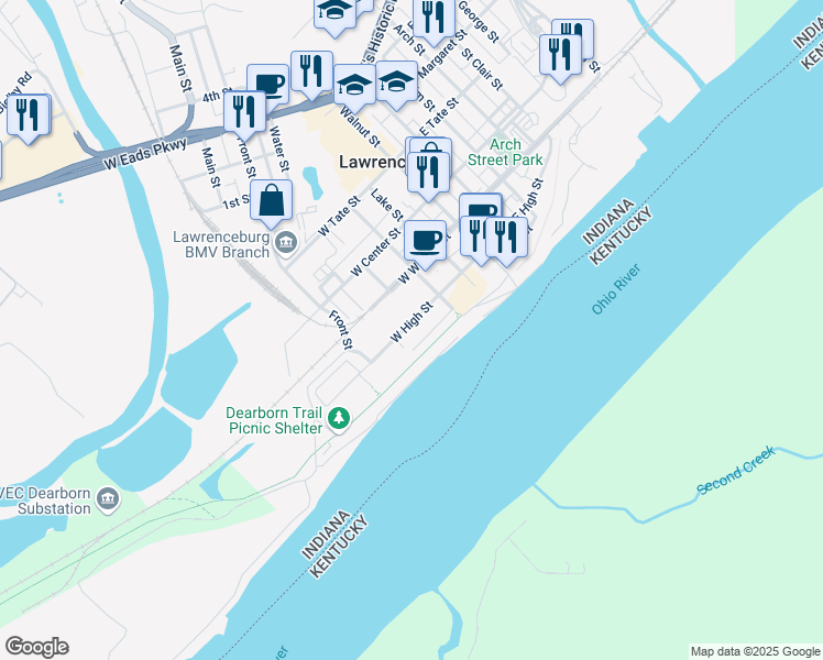 map of restaurants, bars, coffee shops, grocery stores, and more near 310 West High Street in Lawrenceburg