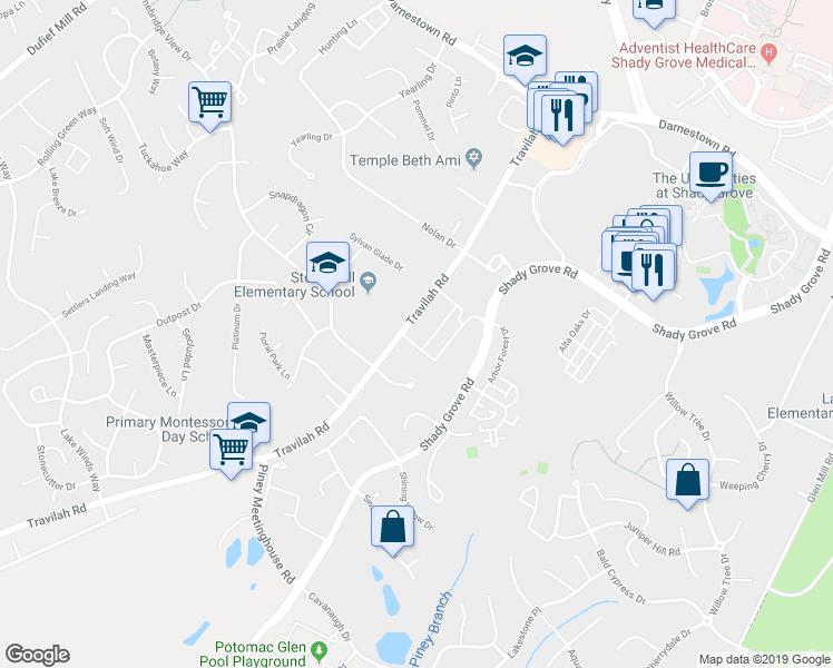 map of restaurants, bars, coffee shops, grocery stores, and more near 14211 Travilah Road in Rockville